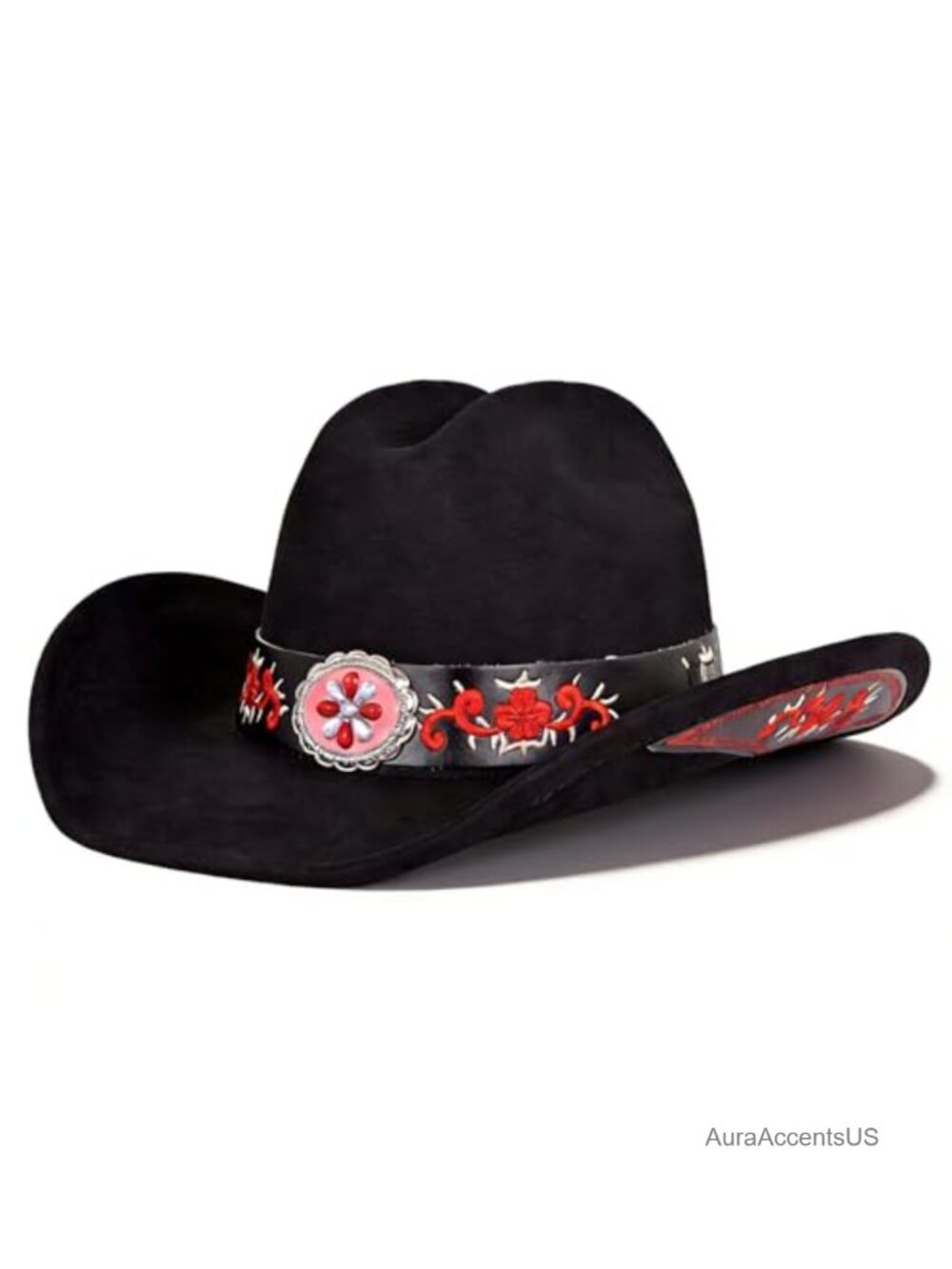 Suede Western Cowboy Hat Embroidered Floral Band Large Wide Brim
